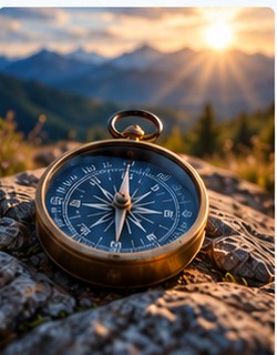A compass pointing toward a mountain landscape